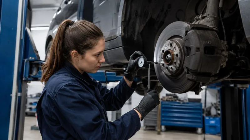 Werkstattmitarbeiter pr&uuml;ft die Bremse eines Fahrzeugs